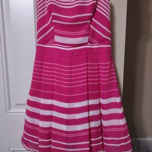 Strapless Tea Length White and Fuchsia Dress